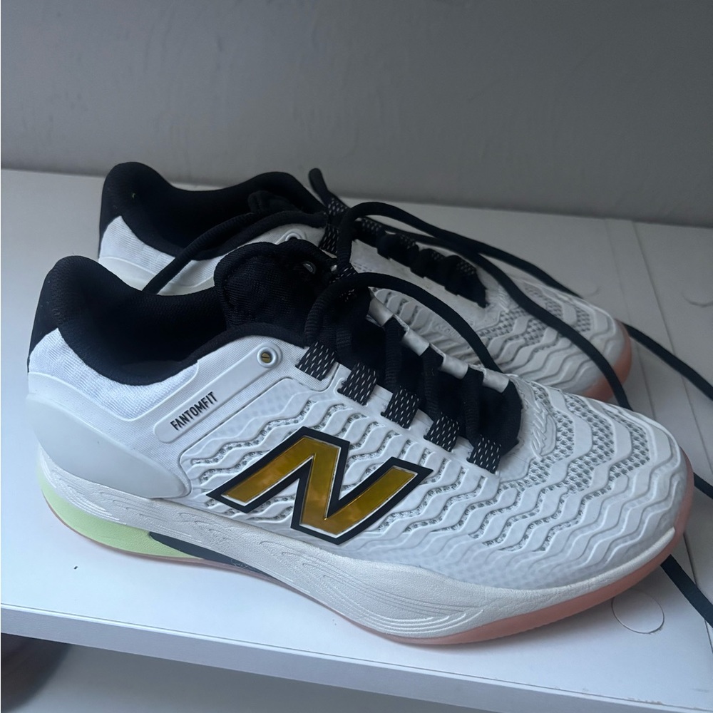 New Balance White, Black & Gold Tennis Sneakers